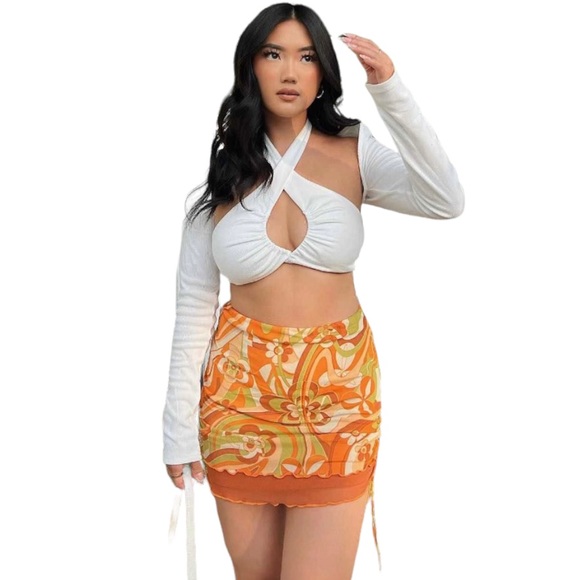 Wild Fable™ Size Large Mesh Side Ruched Mini Skirt Orange Green Browns NWT - Picture 5 of 10